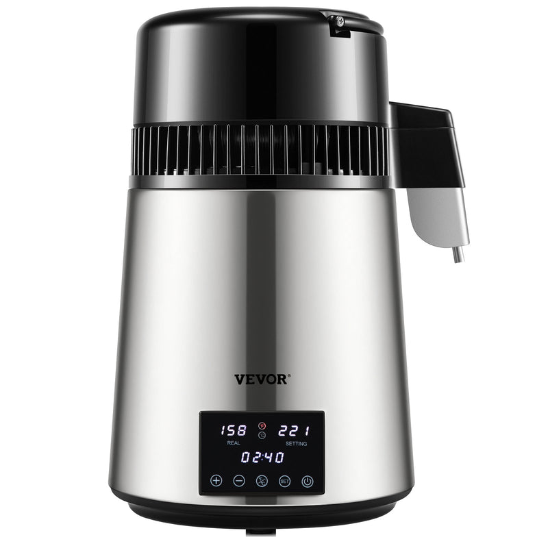 VEVOR 1750W 220V 4L Ūdens Destilators, 1,5 L/H Destilēta Ūdens Ražotājs, Ar Taimeri un Divkāršās Temperatūras Kontroli, Sudraba
