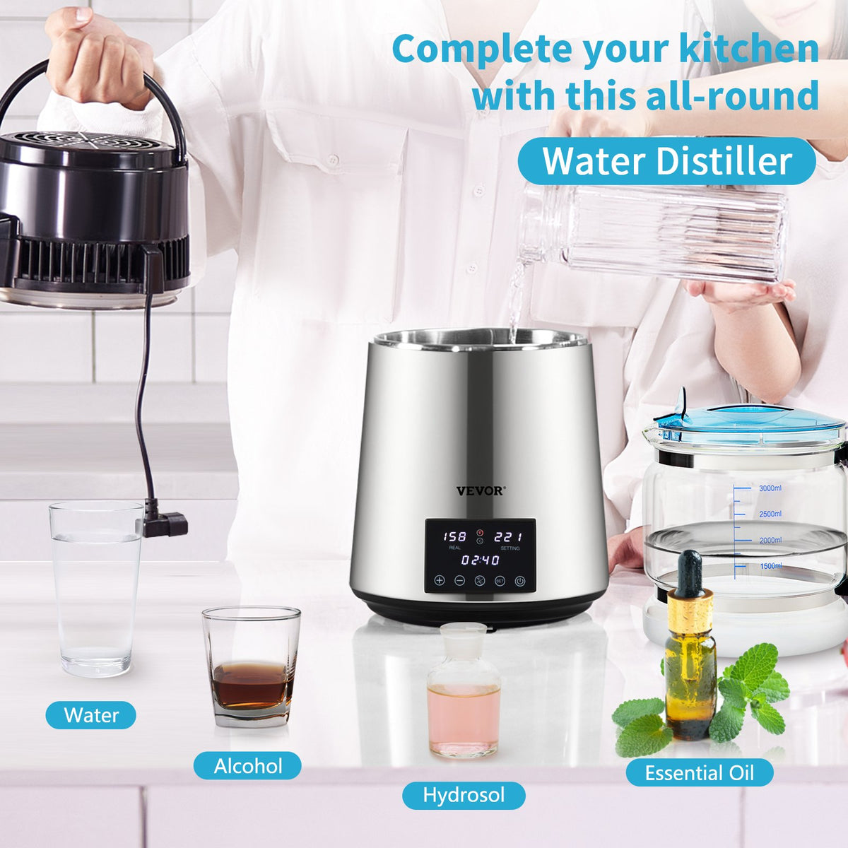 4L VEVOR Water Distiller with 1.5 l/h Output, Timer and Dual Temperature Control, Silver