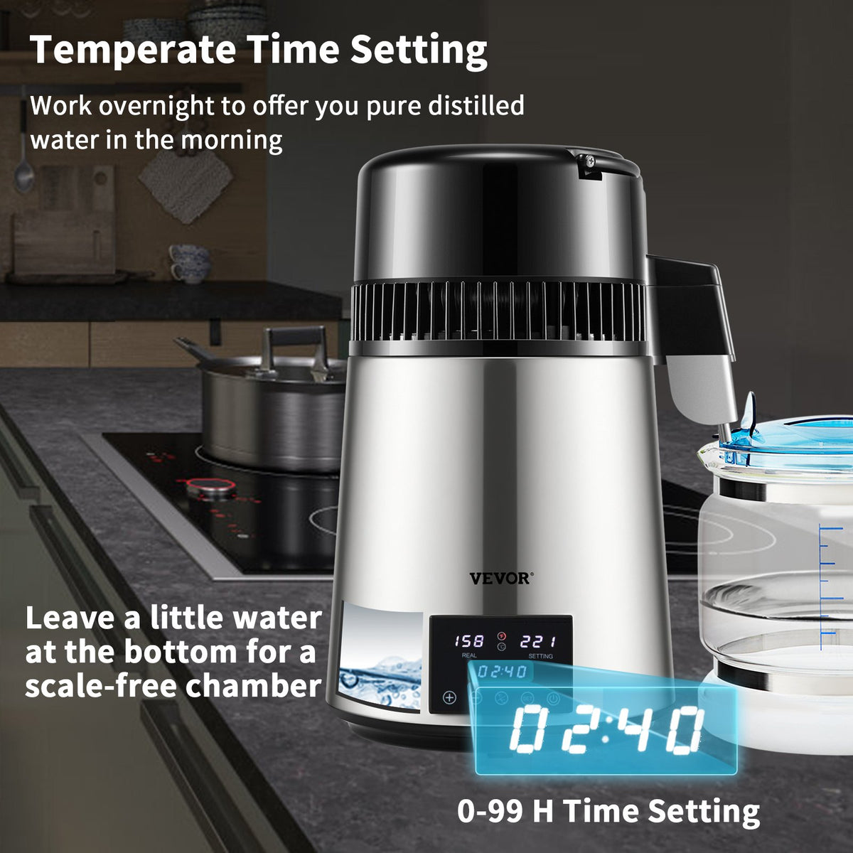 4L VEVOR Water Distiller with 1.5 l/h Output, Timer and Dual Temperature Control, Silver