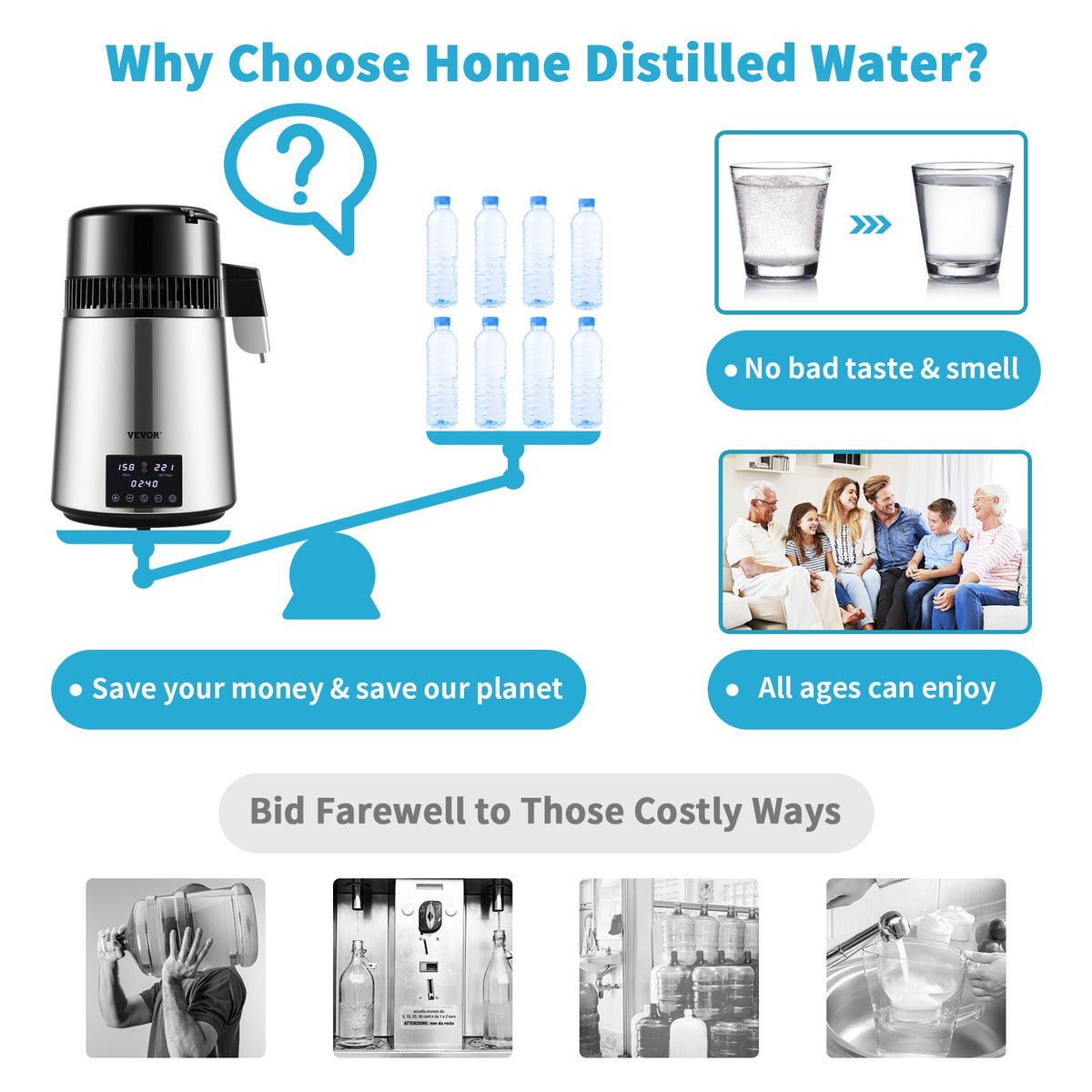 4L VEVOR Water Distiller with 1.5 l/h Output, Timer and Dual Temperature Control, Silver