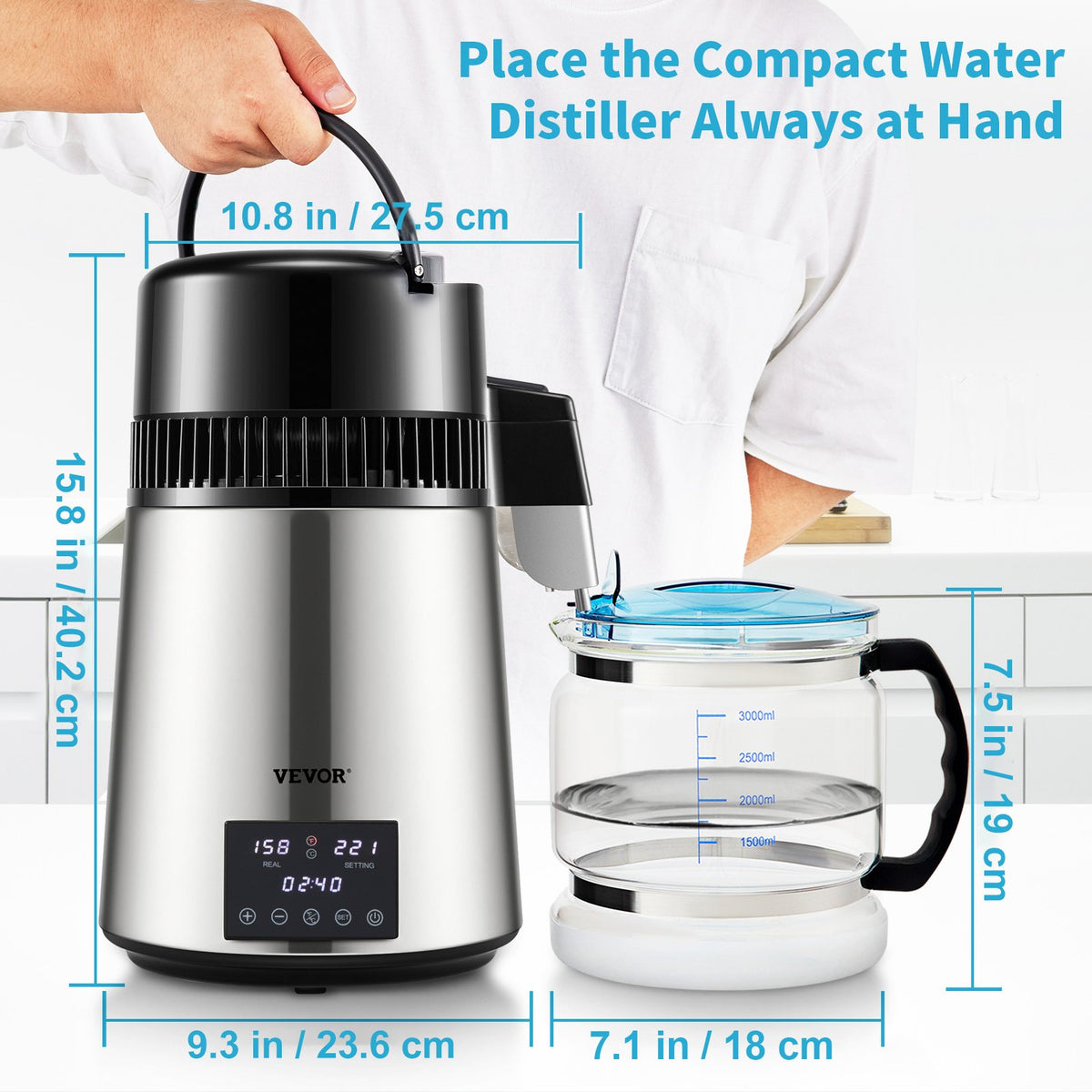 4L VEVOR Water Distiller with 1.5 l/h Output, Timer and Dual Temperature Control, Silver