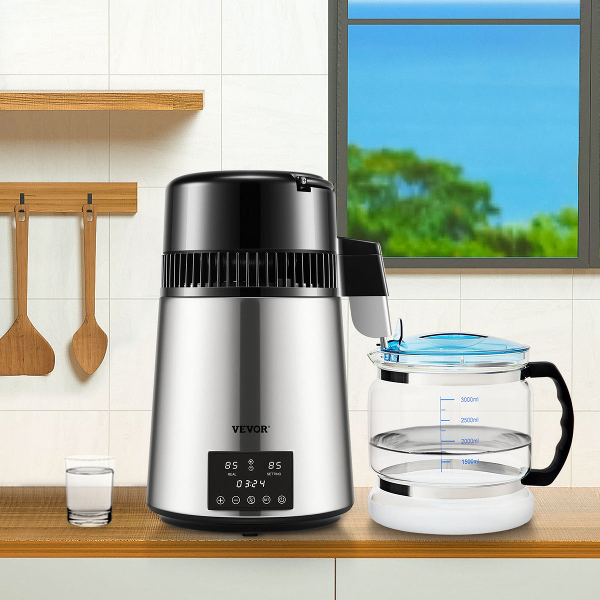 4L VEVOR Water Distiller with 1.5 l/h Output, Timer and Dual Temperature Control, Silver