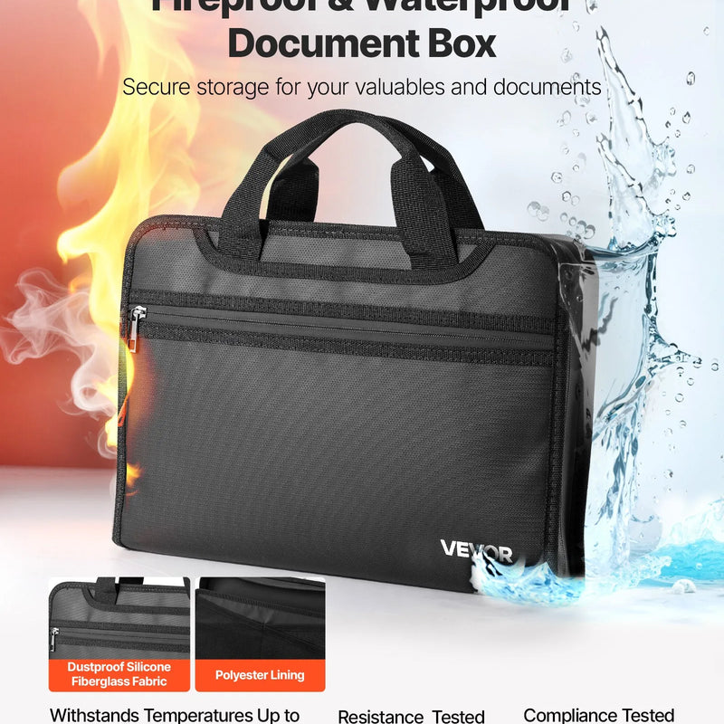VEVOR ugunsdroša dokumentu soma, karstumizturīga līdz 1000 ℃, uguns- un ūdensdroša, pārnēsājams vairāku slāņu failu uzglabāšanas un drošības organizators mājām, birojam vai ceļojumiem, piemērota pasēm, svarīgiem dokumentiem un failiem