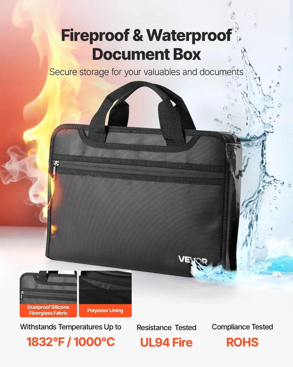 VEVOR Fireproof Document Bag, Heat Resistant up to 1000°C, Fire and Waterproof, Portable Multi-Layer File Storage and Security Organiser for Home, Office or Travel, Suitable for Passports, Important Documents and Files