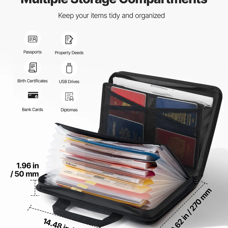 VEVOR ugunsdroša dokumentu soma, karstumizturīga līdz 1000 ℃, uguns- un ūdensdroša, pārnēsājams vairāku slāņu failu uzglabāšanas un drošības organizators mājām, birojam vai ceļojumiem, piemērota pasēm, svarīgiem dokumentiem un failiem