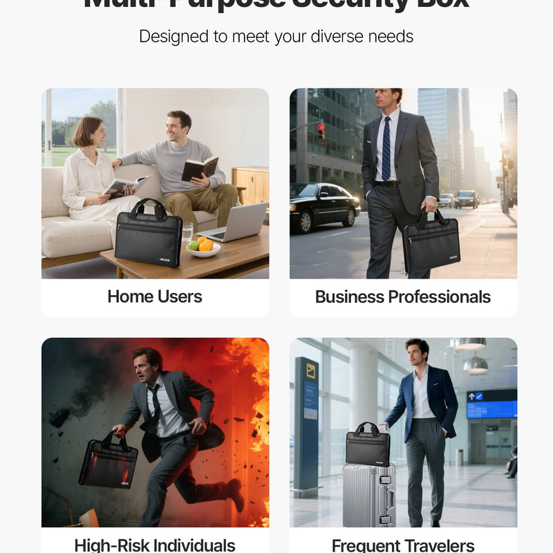 VEVOR ugunsdroša dokumentu soma, karstumizturīga līdz 1000 ℃, uguns- un ūdensdroša, pārnēsājams vairāku slāņu failu uzglabāšanas un drošības organizators mājām, birojam vai ceļojumiem, piemērota pasēm, svarīgiem dokumentiem un failiem