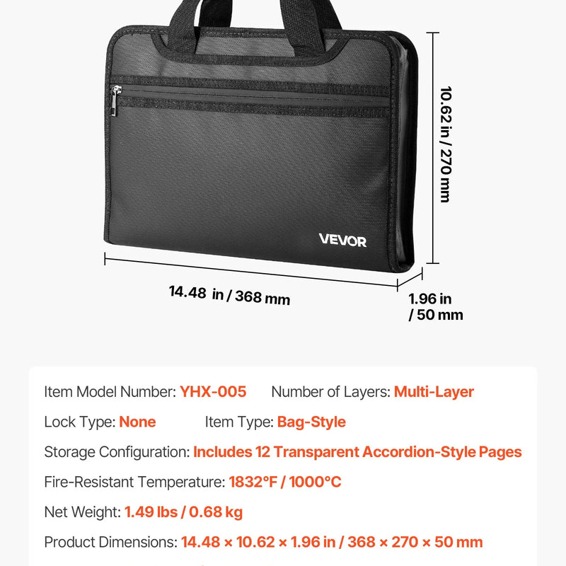 VEVOR ugunsdroša dokumentu soma, karstumizturīga līdz 1000 ℃, uguns- un ūdensdroša, pārnēsājams vairāku slāņu failu uzglabāšanas un drošības organizators mājām, birojam vai ceļojumiem, piemērota pasēm, svarīgiem dokumentiem un failiem