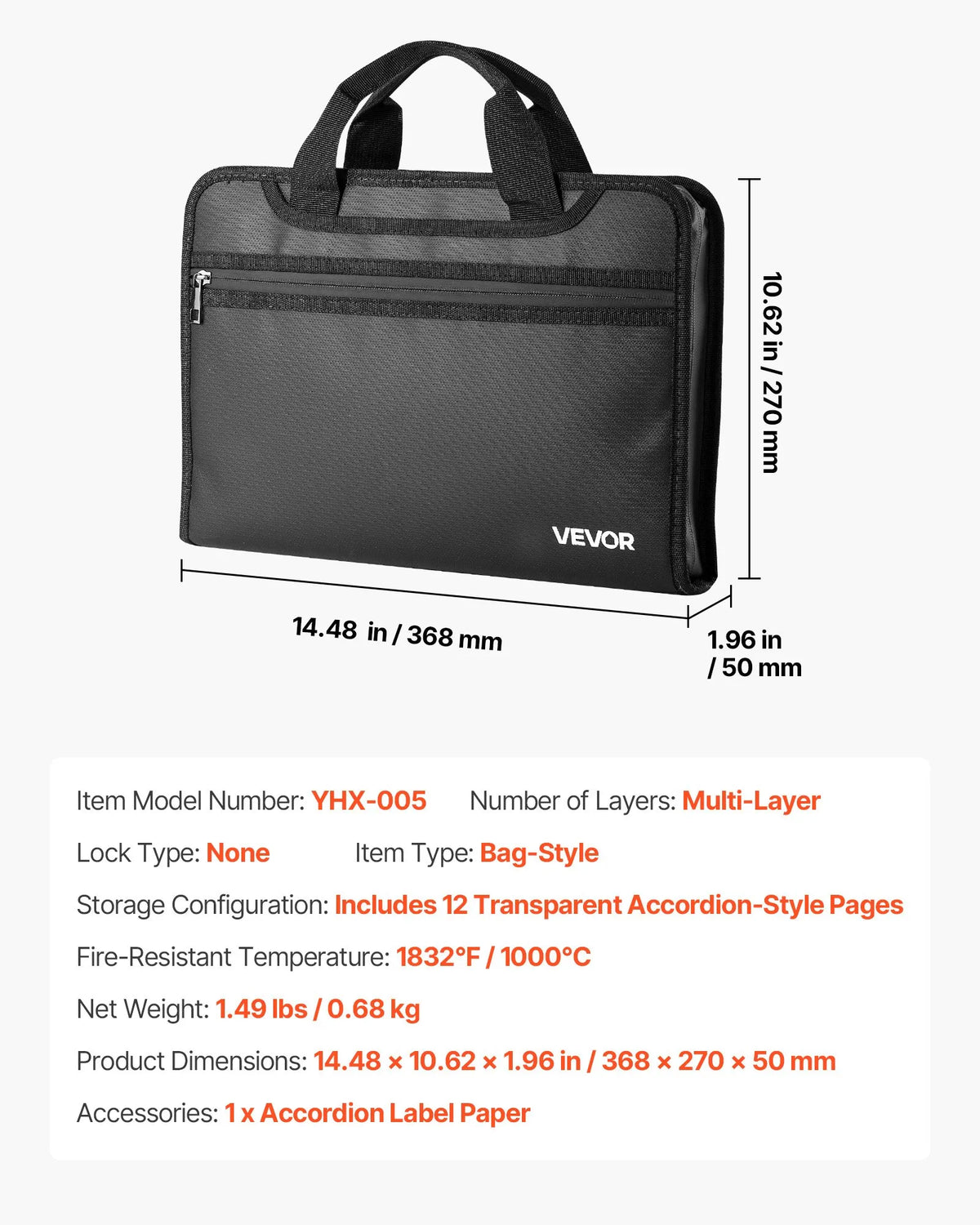 VEVOR Fireproof Document Bag, Heat Resistant up to 1000°C, Fire and Waterproof, Portable Multi-Layer File Storage and Security Organiser for Home, Office or Travel, Suitable for Passports, Important Documents and Files