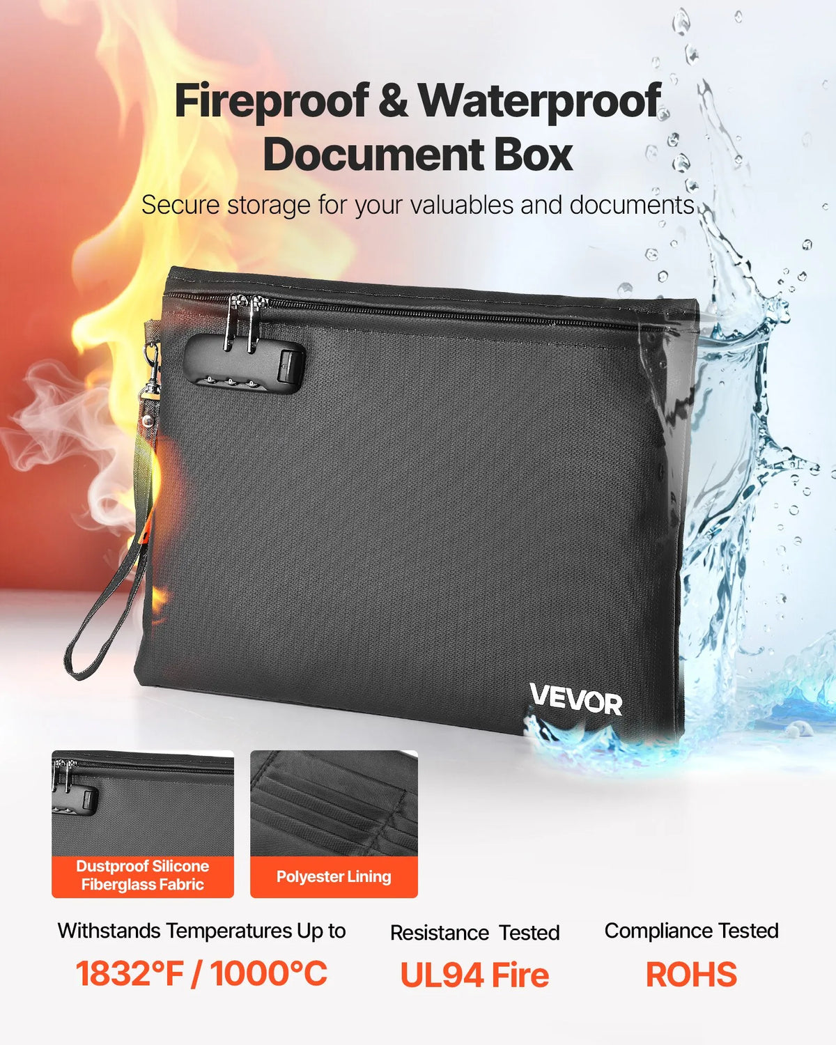 VEVOR Fireproof Document Bag with 1000 °C Heat Resistance, Fire and Waterproof Coating, Lock and Portable Design, Suitable for Safe Storage of Documents, Passports and Important Files at Home, Office or Travel