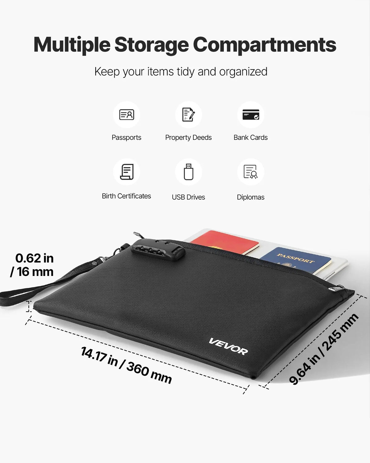 VEVOR Fireproof Document Bag with 1000 °C Heat Resistance, Fire and Waterproof Coating, Lock and Portable Design, Suitable for Safe Storage of Documents, Passports and Important Files at Home, Office or Travel