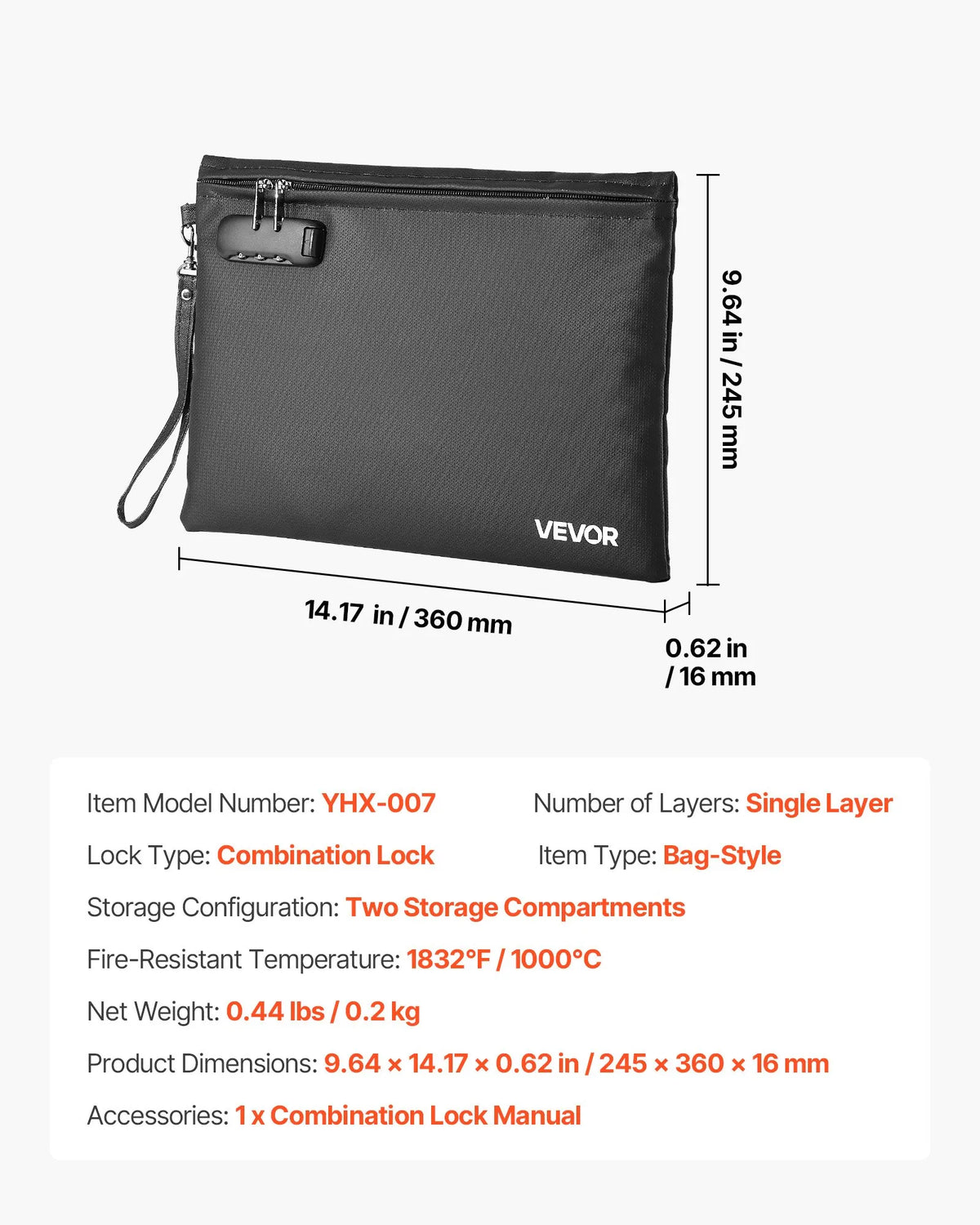 VEVOR Fireproof Document Bag with 1000 °C Heat Resistance, Fire and Waterproof Coating, Lock and Portable Design, Suitable for Safe Storage of Documents, Passports and Important Files at Home, Office or Travel