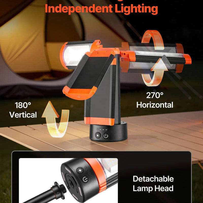 VEVOR LED darba gaisma ar statīvu, 10 Ah, uzlādējama bezvadu kempinga gaisma, ar 3 lampu galvām, noņemamu trijkāja statīvu, 2200 lūmeni, 3000K–6500K regulējams spilgtums, pārnēsājams apgaismojums būvlaukumiem