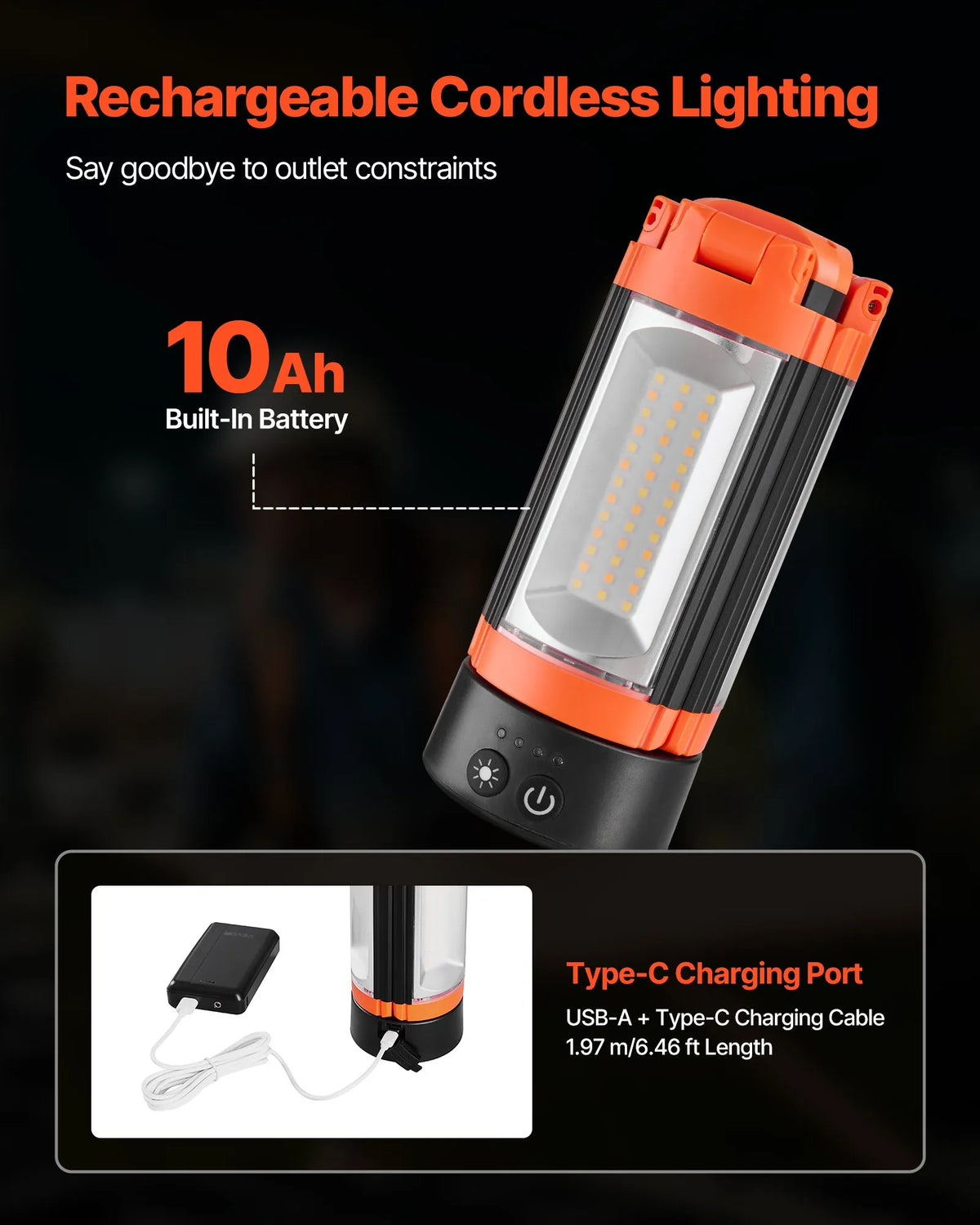 VEVOR LED Work Light with Stand, 10 Ah, Rechargeable Cordless Camping Light, 3 Lamp Heads, Removable Tripod Stand, 2200 Lumens, 3000K–6500K Adjustable Brightness, Portable Lighting for Construction Sites