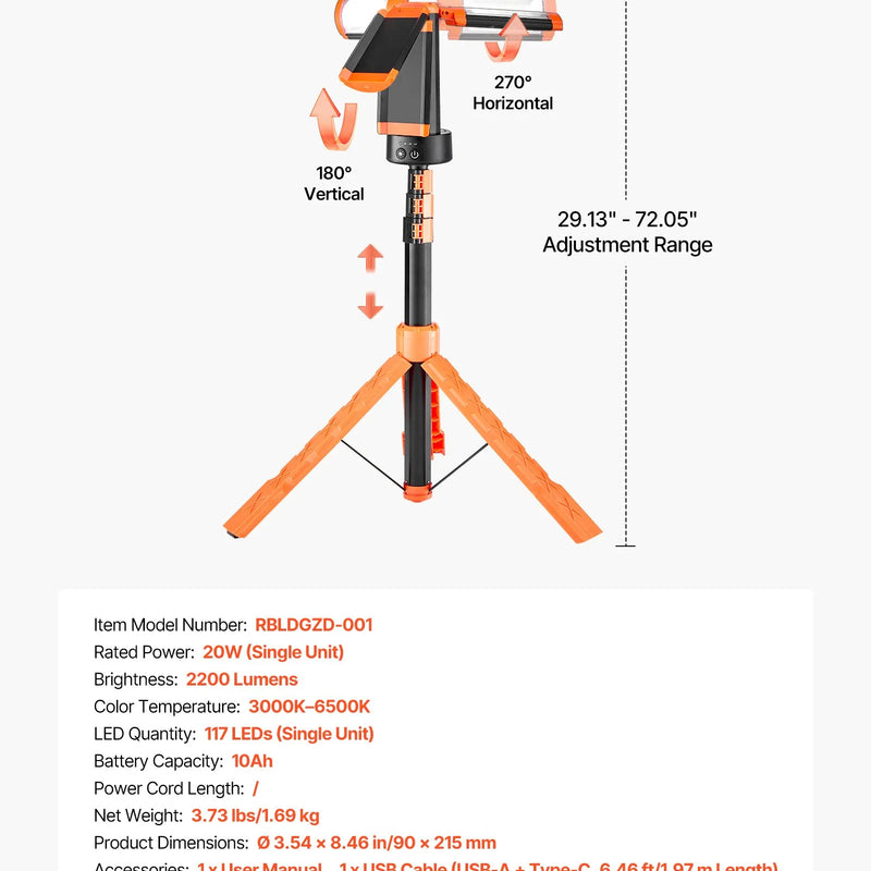 VEVOR LED darba gaisma ar statīvu, 10 Ah, uzlādējama bezvadu kempinga gaisma, ar 3 lampu galvām, noņemamu trijkāja statīvu, 2200 lūmeni, 3000K–6500K regulējams spilgtums, pārnēsājams apgaismojums būvlaukumiem