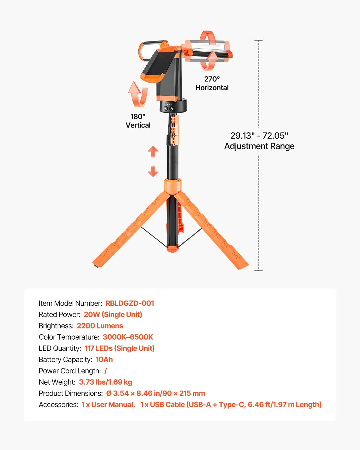 VEVOR LED Work Light with Stand, 10 Ah, Rechargeable Cordless Camping Light, 3 Lamp Heads, Removable Tripod Stand, 2200 Lumens, 3000K–6500K Adjustable Brightness, Portable Lighting for Construction Sites