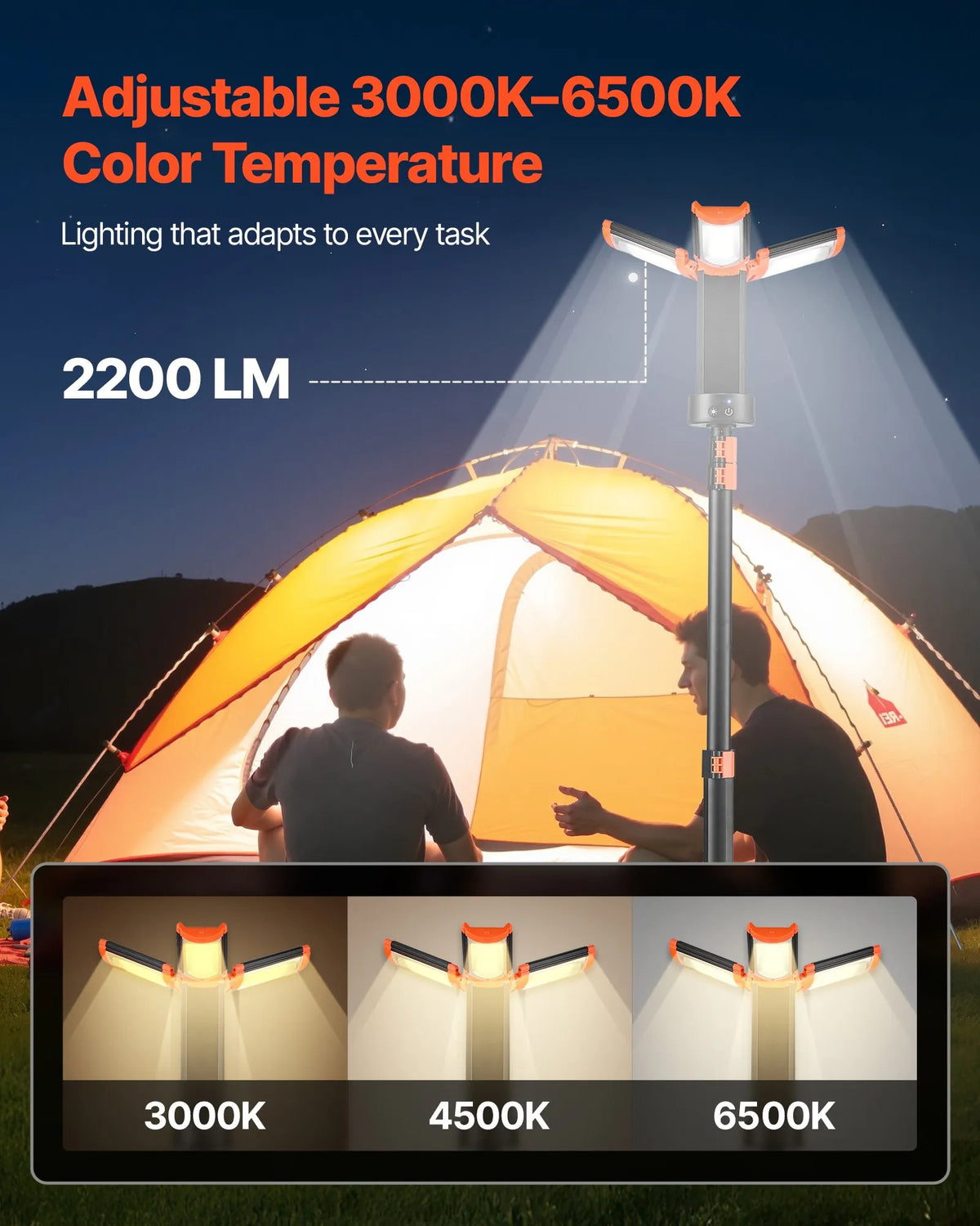 VEVOR LED Work Light with Stand, 13.2 Ah Battery, Rechargeable Cordless Design and Camping Lamp with 3 Light Heads, Removable Tripod Stand, 2200 Lumens Brightness, 3000–6500 K Adjustable Light, Portable for Work Sites