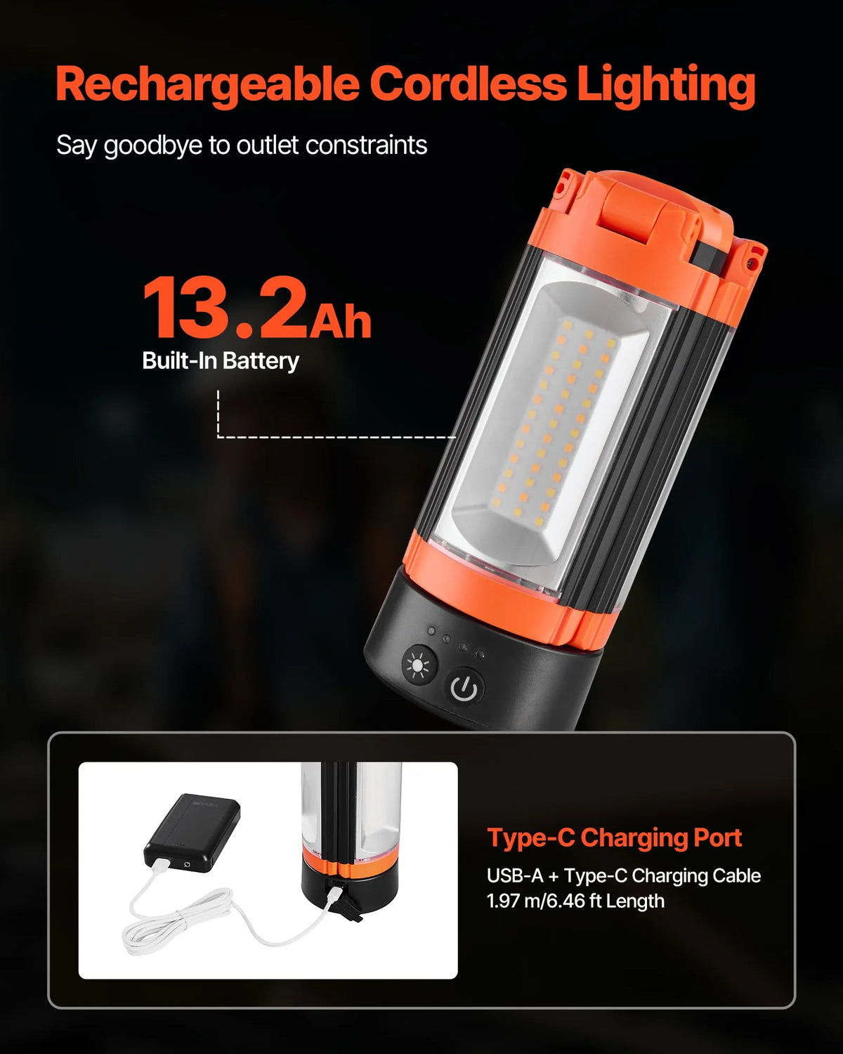 VEVOR LED Work Light with Stand, 13.2 Ah Battery, Rechargeable Cordless Design and Camping Lamp with 3 Light Heads, Removable Tripod Stand, 2200 Lumens Brightness, 3000–6500 K Adjustable Light, Portable for Work Sites