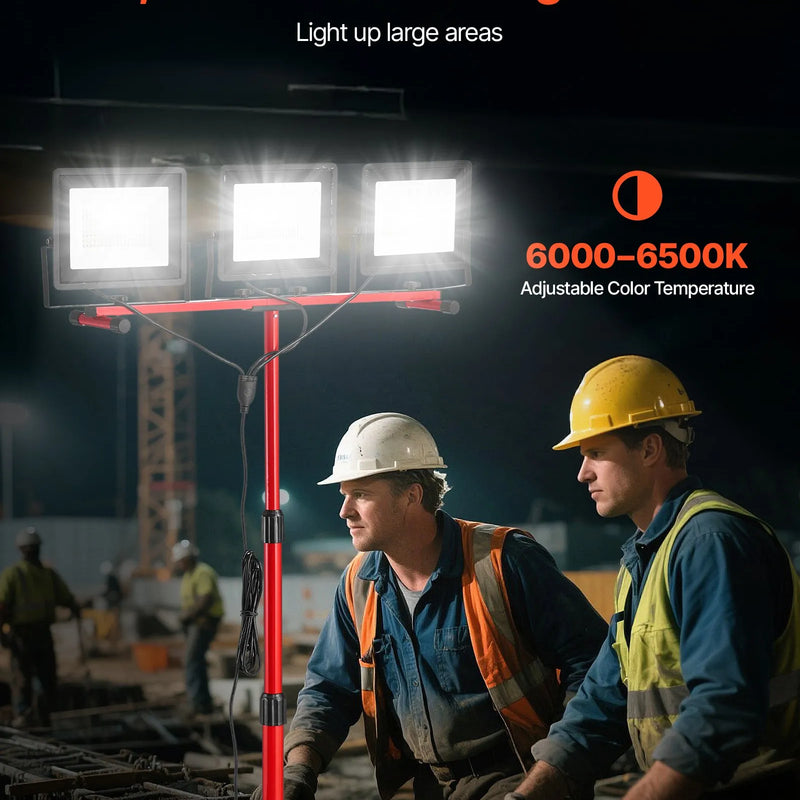 LED darba lampa ar statīvu, 15 000 lm, trīs galvu pārnēsājama kempinga lampa ar individuāliem slēdžiem, trijkāja statīvu un 3,3 m strāvas kabeli, piemērota iekštelpām un āra būvlaukumiem, IP65 ūdensizturīga