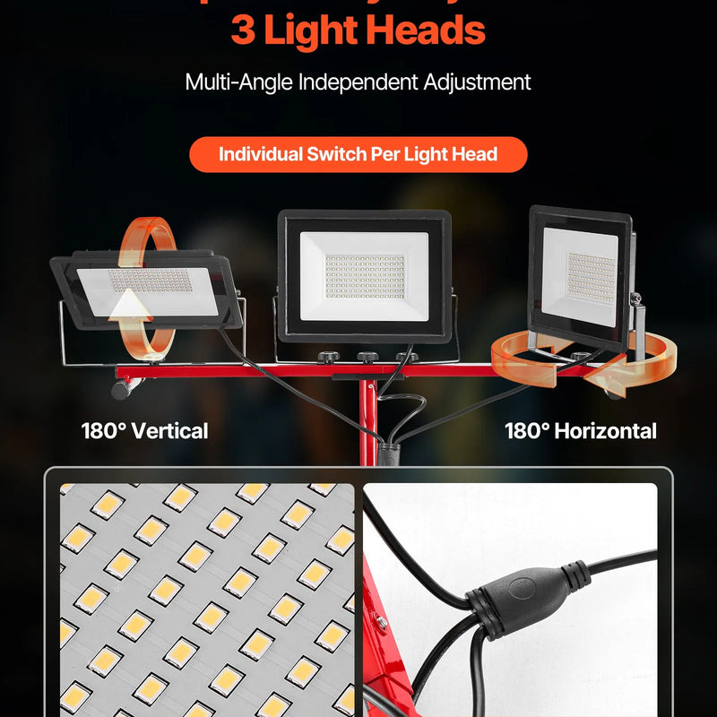LED darba lampa ar statīvu, 15 000 lm, trīs galvu pārnēsājama kempinga lampa ar individuāliem slēdžiem, trijkāja statīvu un 3,3 m strāvas kabeli, piemērota iekštelpām un āra būvlaukumiem, IP65 ūdensizturīga