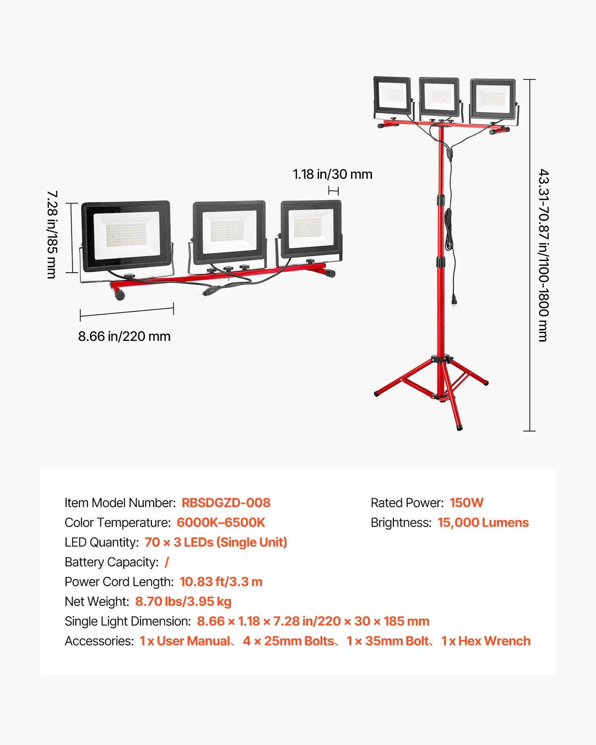 LED work lamp with tripod stand, 15,000 lm, three-head portable camping lamp with individual switches, tripod stand and 3.3 m power cable, suitable for indoor and outdoor construction sites, IP65 water-resistant