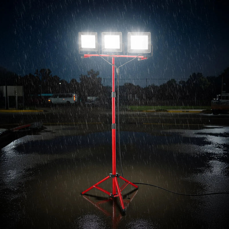 LED darba lampa ar statīvu, 15 000 lm, trīs galvu pārnēsājama kempinga lampa ar individuāliem slēdžiem, trijkāja statīvu un 3,3 m strāvas kabeli, piemērota iekštelpām un āra būvlaukumiem, IP65 ūdensizturīga