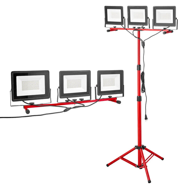LED darba lampa ar statīvu, 21 000 lm, trīs galvu pārnēsājama kempinga lampa ar individuāliem slēdžiem, trijkāja statīvu un 3,3 m strāvas kabeli, piemērota iekštelpām un āra būvlaukumiem, IP65 ūdensizturīga
