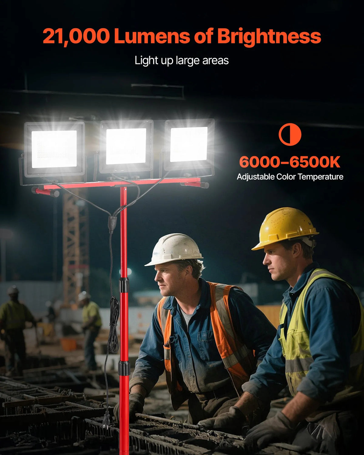 LED work lamp with tripod stand, 21,000 lm, three-head portable camping lamp with individual switches, tripod stand and 3.3 m power cable, suitable for indoor and outdoor construction sites, IP65 water-resistant