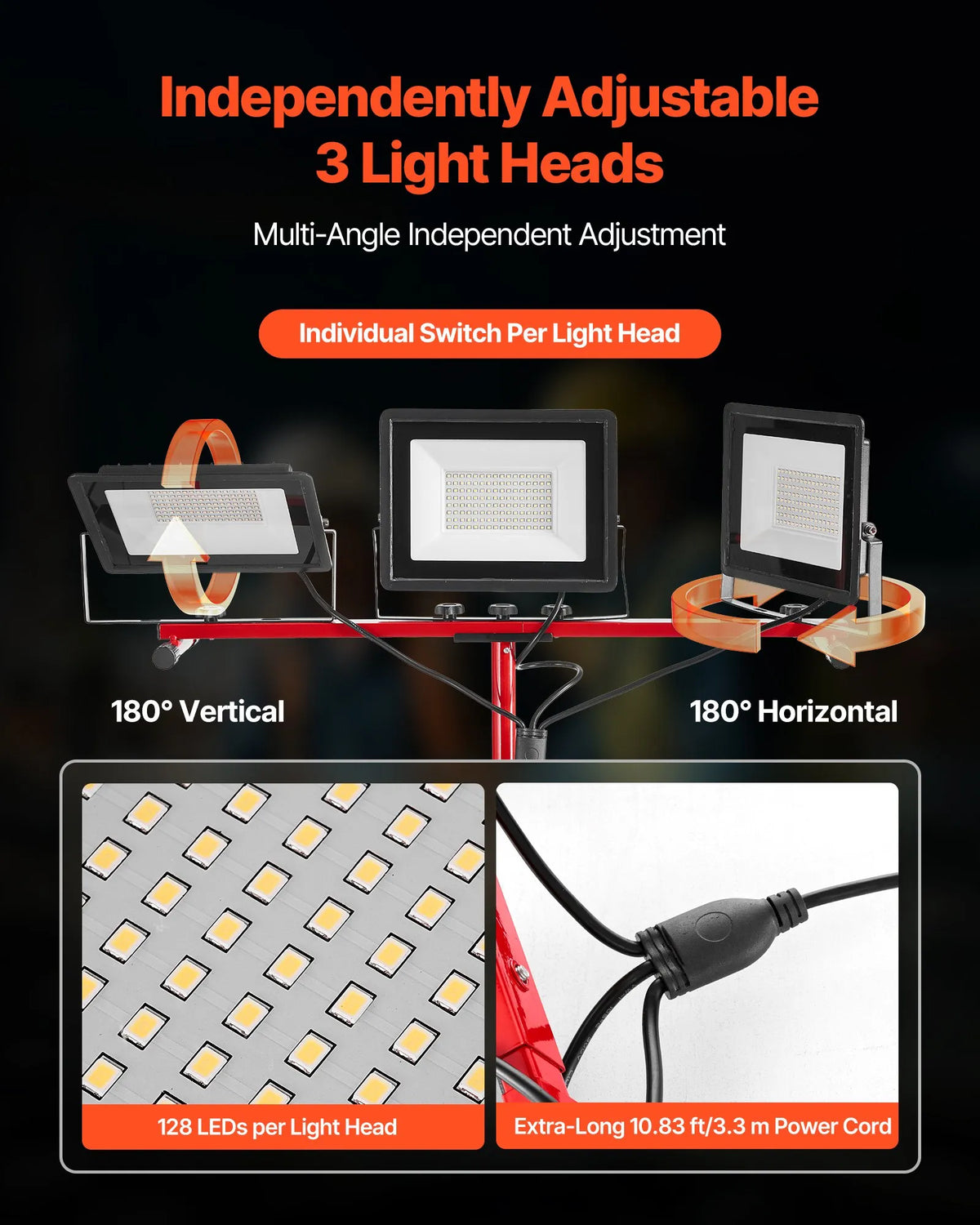 LED work lamp with tripod stand, 21,000 lm, three-head portable camping lamp with individual switches, tripod stand and 3.3 m power cable, suitable for indoor and outdoor construction sites, IP65 water-resistant