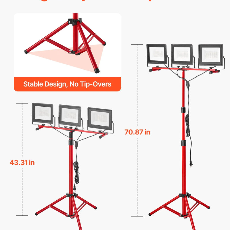 LED darba lampa ar statīvu, 21 000 lm, trīs galvu pārnēsājama kempinga lampa ar individuāliem slēdžiem, trijkāja statīvu un 3,3 m strāvas kabeli, piemērota iekštelpām un āra būvlaukumiem, IP65 ūdensizturīga
