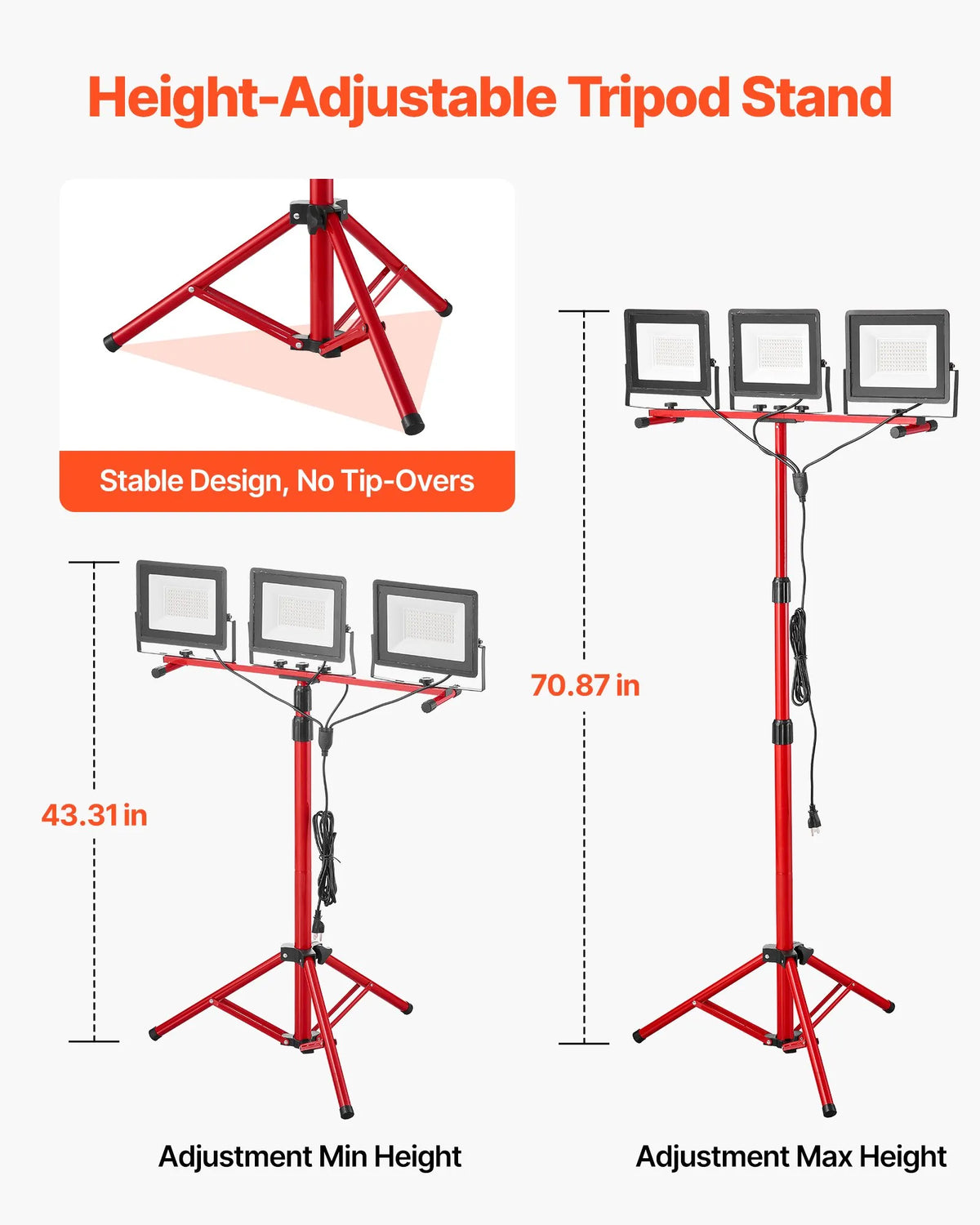 LED work lamp with tripod stand, 21,000 lm, three-head portable camping lamp with individual switches, tripod stand and 3.3 m power cable, suitable for indoor and outdoor construction sites, IP65 water-resistant