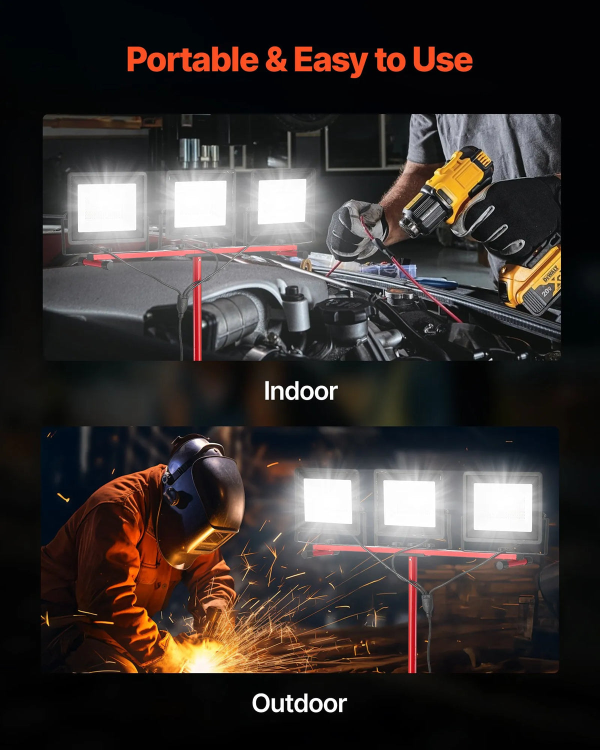 LED work lamp with tripod stand, 21,000 lm, three-head portable camping lamp with individual switches, tripod stand and 3.3 m power cable, suitable for indoor and outdoor construction sites, IP65 water-resistant