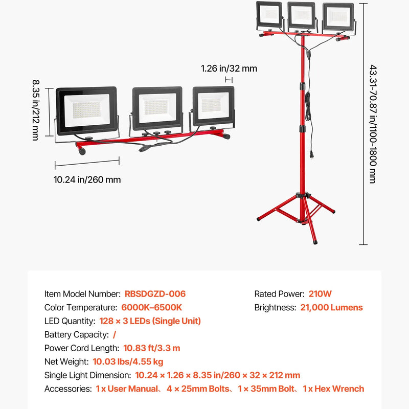 LED darba lampa ar statīvu, 21 000 lm, trīs galvu pārnēsājama kempinga lampa ar individuāliem slēdžiem, trijkāja statīvu un 3,3 m strāvas kabeli, piemērota iekštelpām un āra būvlaukumiem, IP65 ūdensizturīga