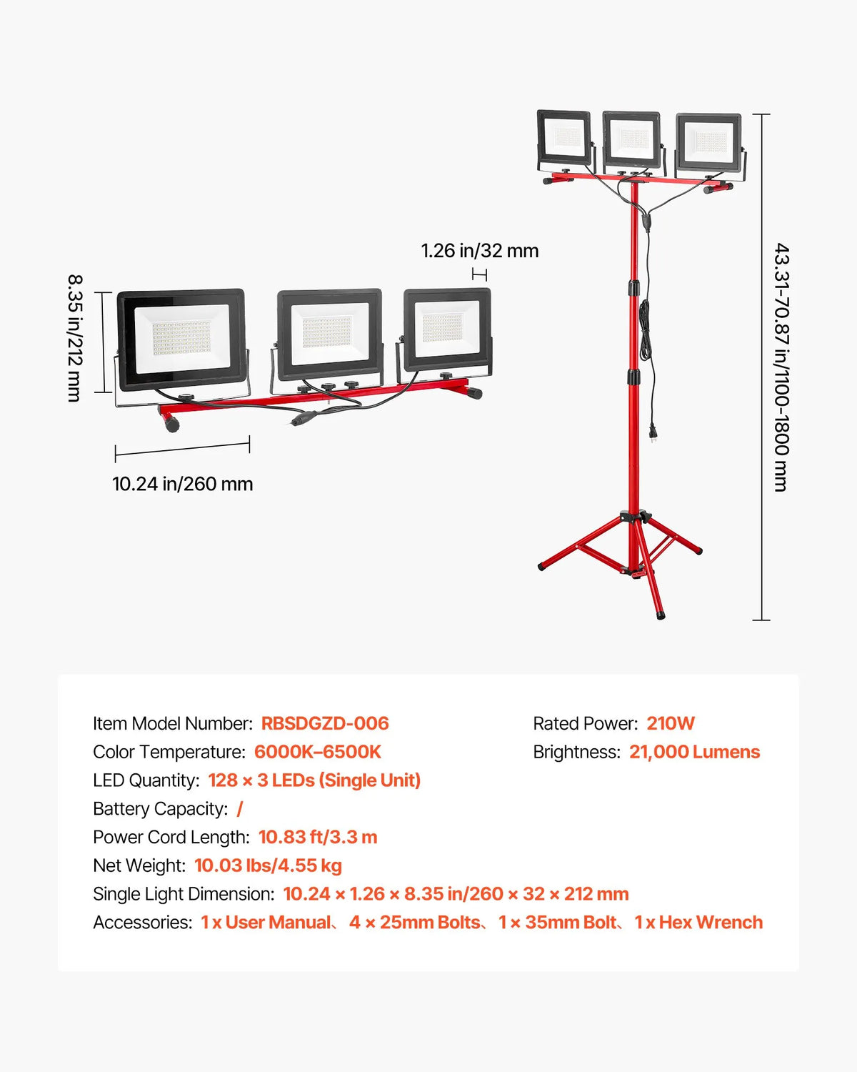 LED work lamp with tripod stand, 21,000 lm, three-head portable camping lamp with individual switches, tripod stand and 3.3 m power cable, suitable for indoor and outdoor construction sites, IP65 water-resistant