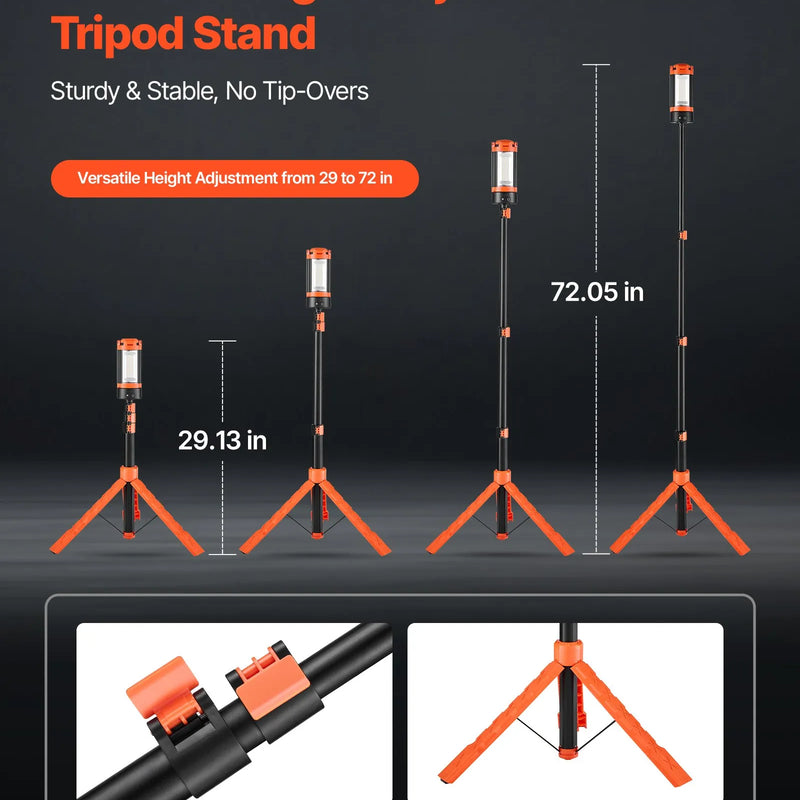 VEVOR LED darba gaisma ar statīvu, 6 Ah, uzlādējama bezvadu kempinga gaisma, ar 3 lampu galvām, noņemamu trijkāja statīvu, 2200 lūmeni, 3000K–6500K regulējams spilgtums, pārnēsājams apgaismojums būvlaukumiem