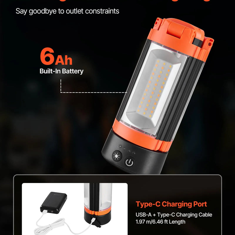 VEVOR LED darba gaisma ar statīvu, 6 Ah, uzlādējama bezvadu kempinga gaisma, ar 3 lampu galvām, noņemamu trijkāja statīvu, 2200 lūmeni, 3000K–6500K regulējams spilgtums, pārnēsājams apgaismojums būvlaukumiem