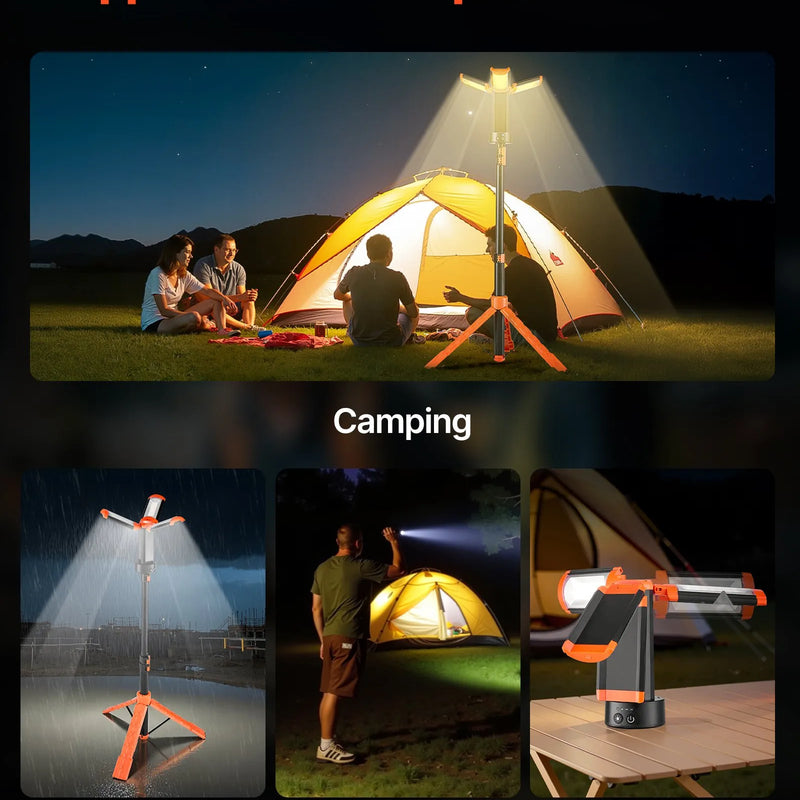 VEVOR LED darba gaisma ar statīvu, 6 Ah, uzlādējama bezvadu kempinga gaisma, ar 3 lampu galvām, noņemamu trijkāja statīvu, 2200 lūmeni, 3000K–6500K regulējams spilgtums, pārnēsājams apgaismojums būvlaukumiem