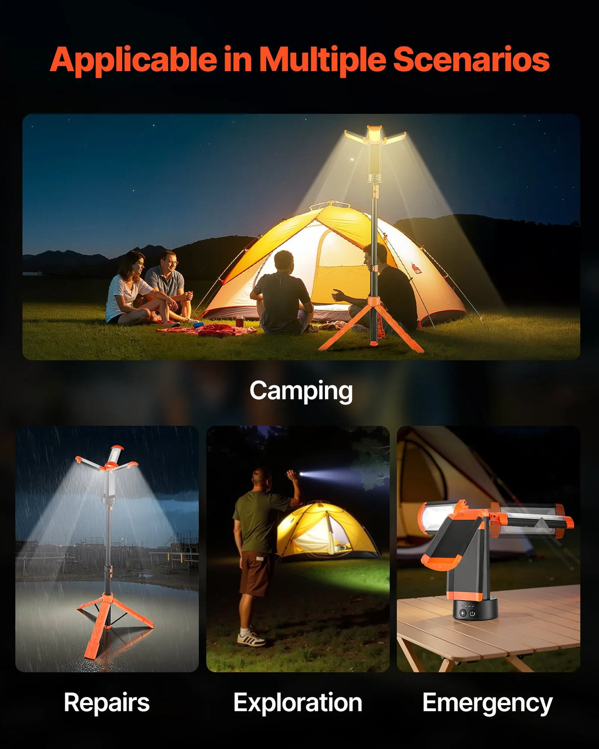 VEVOR LED Work Light with Stand, 6 Ah, Rechargeable Cordless Camping Light, 3 Lamp Heads, Removable Tripod Stand, 2200 Lumens, 3000K–6500K Adjustable Brightness, Portable Lighting for Construction Sites