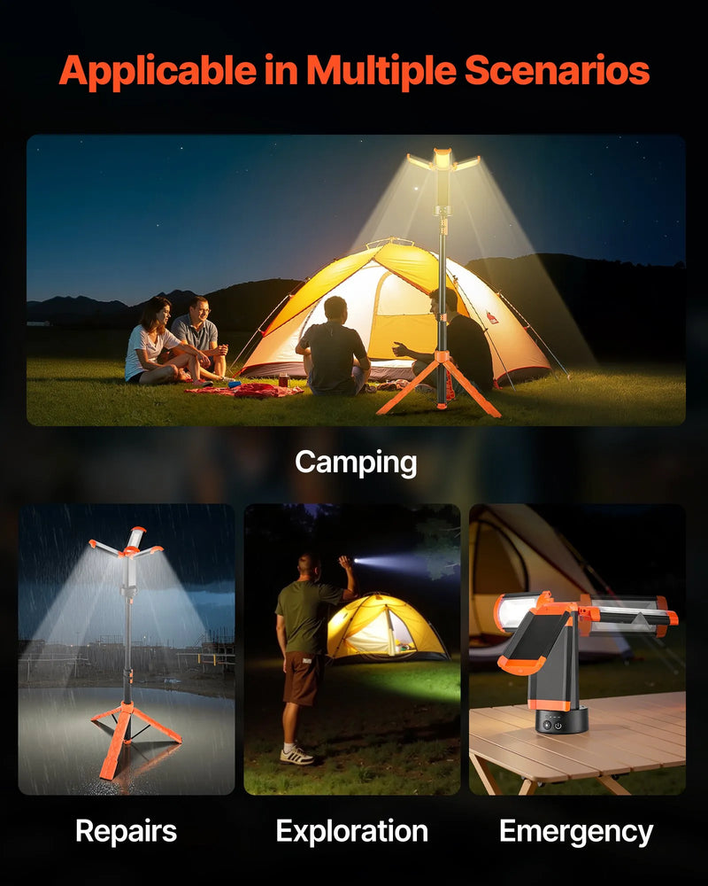 VEVOR LED darba gaisma ar statīvu, 6 Ah, uzlādējama bezvadu kempinga gaisma, ar 3 lampu galvām, noņemamu trijkāja statīvu, 2200 lūmeni, 3000K–6500K regulējams spilgtums, pārnēsājams apgaismojums būvlaukumiem