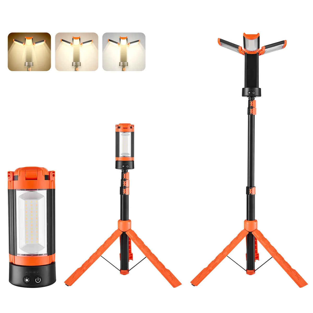 VEVOR LED Work Light with Stand, 8 Ah Rechargeable Cordless Camping Lamp with 3 Lamp Heads, Removable Tripod, 2200 lm, 3000–6500 K, Adjustable Brightness, Portable Lighting for Construction Sites