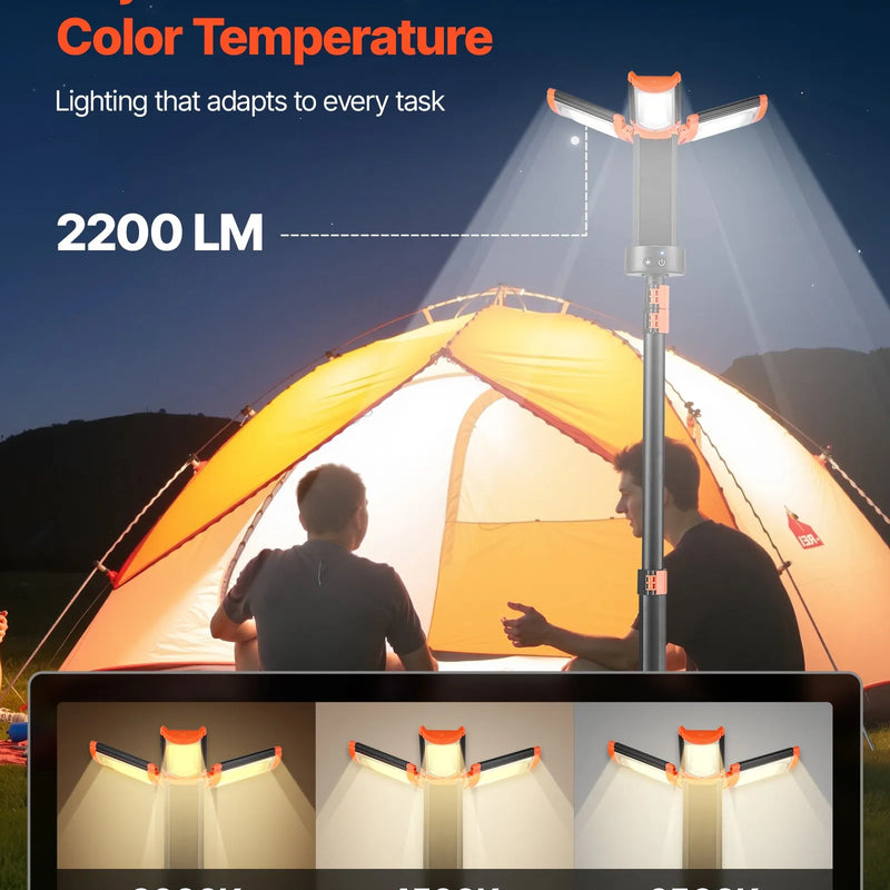 VEVOR LED darba gaisma ar statīvu, 8 Ah, uzlādējama bezvadu kempinga gaisma, ar 3 lampu galvām, noņemamu trijkāja statīvu, 2200 lūmeni, 3000K–6500K regulējams spilgtums, pārnēsājams apgaismojums būvlaukumiem