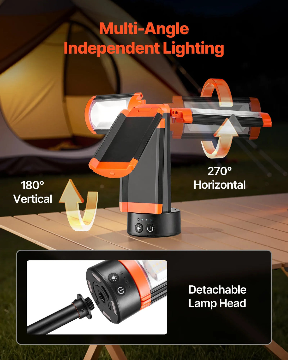 VEVOR LED Work Light with Stand, 8 Ah Rechargeable Cordless Camping Lamp with 3 Lamp Heads, Removable Tripod, 2200 lm, 3000–6500 K, Adjustable Brightness, Portable Lighting for Construction Sites