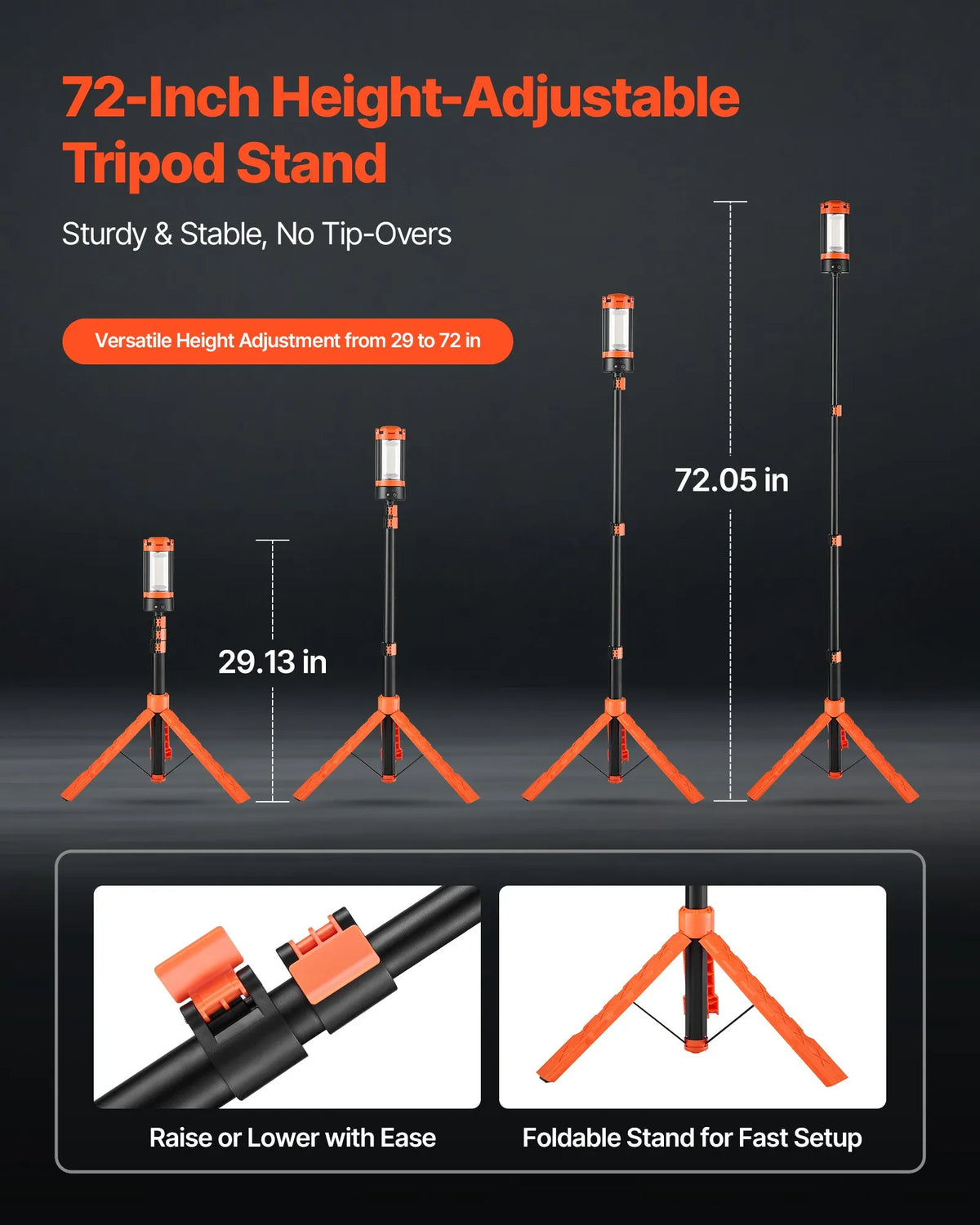 VEVOR LED Work Light with Stand, 8 Ah Rechargeable Cordless Camping Lamp with 3 Lamp Heads, Removable Tripod, 2200 lm, 3000–6500 K, Adjustable Brightness, Portable Lighting for Construction Sites