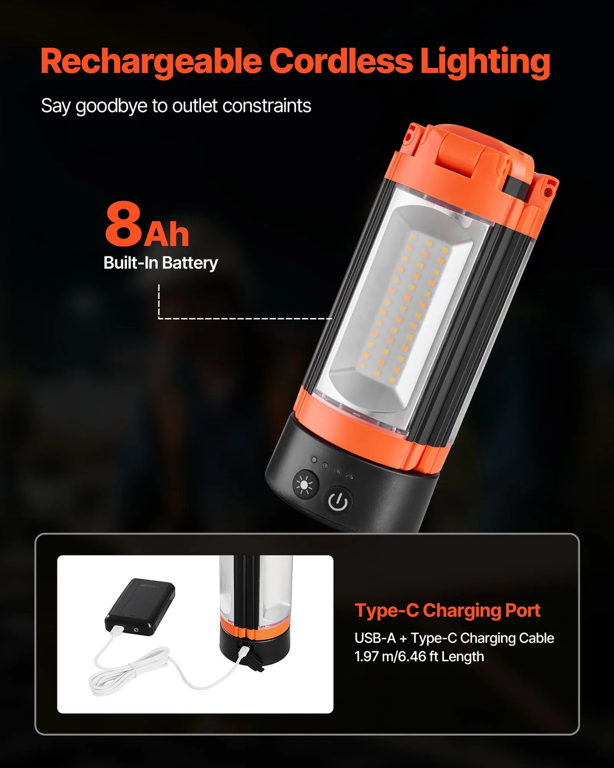 VEVOR LED Work Light with Stand, 8 Ah Rechargeable Cordless Camping Lamp with 3 Lamp Heads, Removable Tripod, 2200 lm, 3000–6500 K, Adjustable Brightness, Portable Lighting for Construction Sites