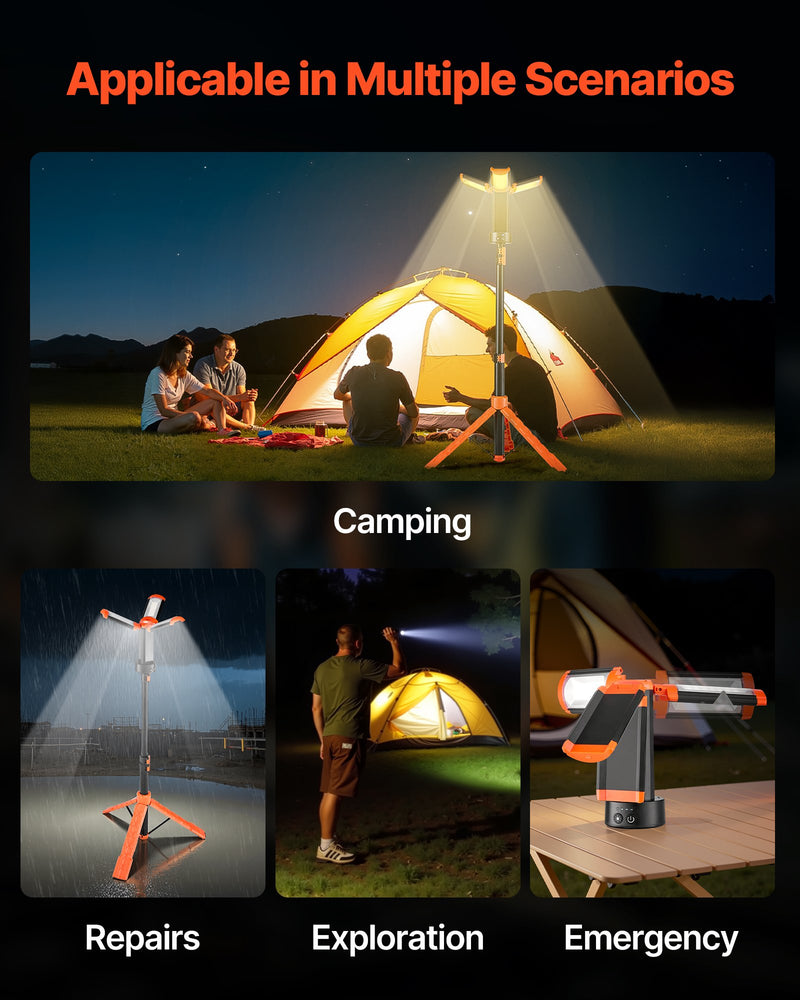 VEVOR LED darba gaisma ar statīvu, 8 Ah, uzlādējama bezvadu kempinga gaisma, ar 3 lampu galvām, noņemamu trijkāja statīvu, 2200 lūmeni, 3000K–6500K regulējams spilgtums, pārnēsājams apgaismojums būvlaukumiem