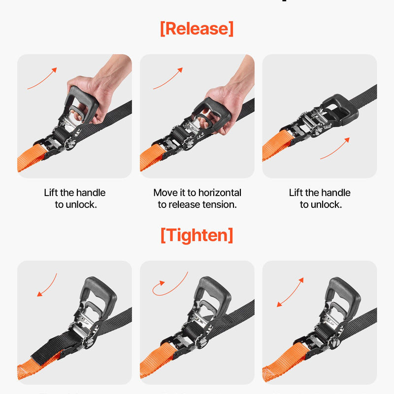 VEVOR sprūdrata kravas nostiprināšanas siksnas 38,1 mm × 1,8 m ar karabīnēm, pārrāvuma izturība 1100 kg, 2 gab. ar pārnēsāšanas somu
