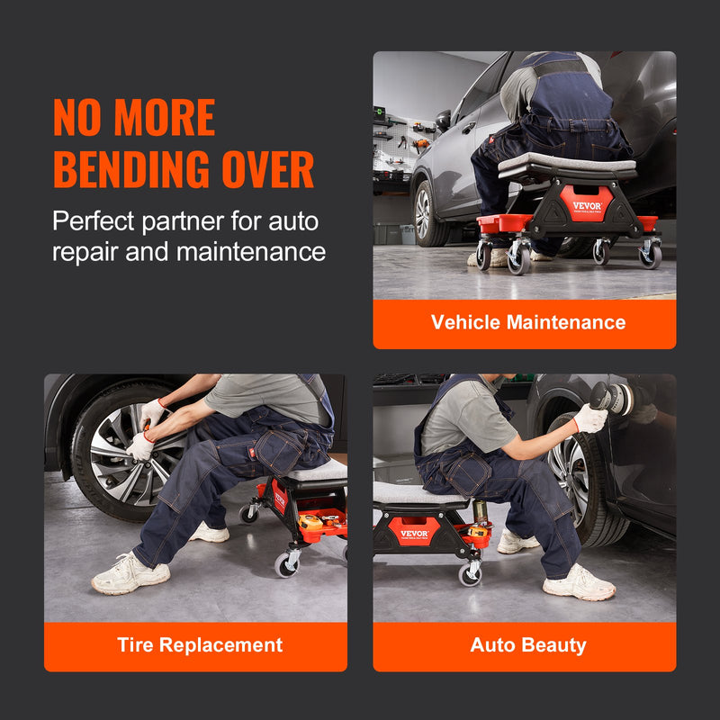 VEVOR automehāniķa rullējošais krēsls ar 10.2 cm riteņiem, kas spēj izturēt 136 kg svaru, ir ideāls risinājums strādājot vidē, kur būtiska ir mobilitāte