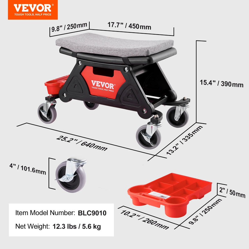 VEVOR automehāniķa rullējošais krēsls ar 10.2 cm riteņiem, kas spēj izturēt 136 kg svaru, ir ideāls risinājums strādājot vidē, kur būtiska ir mobilitāte