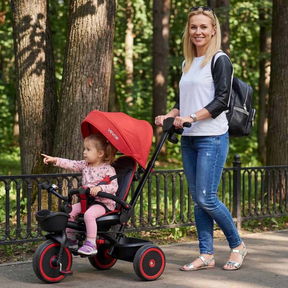 VEVOR bērnu tricikls un rati 6 vienā, ar vecāku rokturi, jumtiņu, regulējamu sēdekli un uzglabāšanas vietu, piemērots bērniem 1–5 gadi, sarkans/melns - ZEMLETES.LV