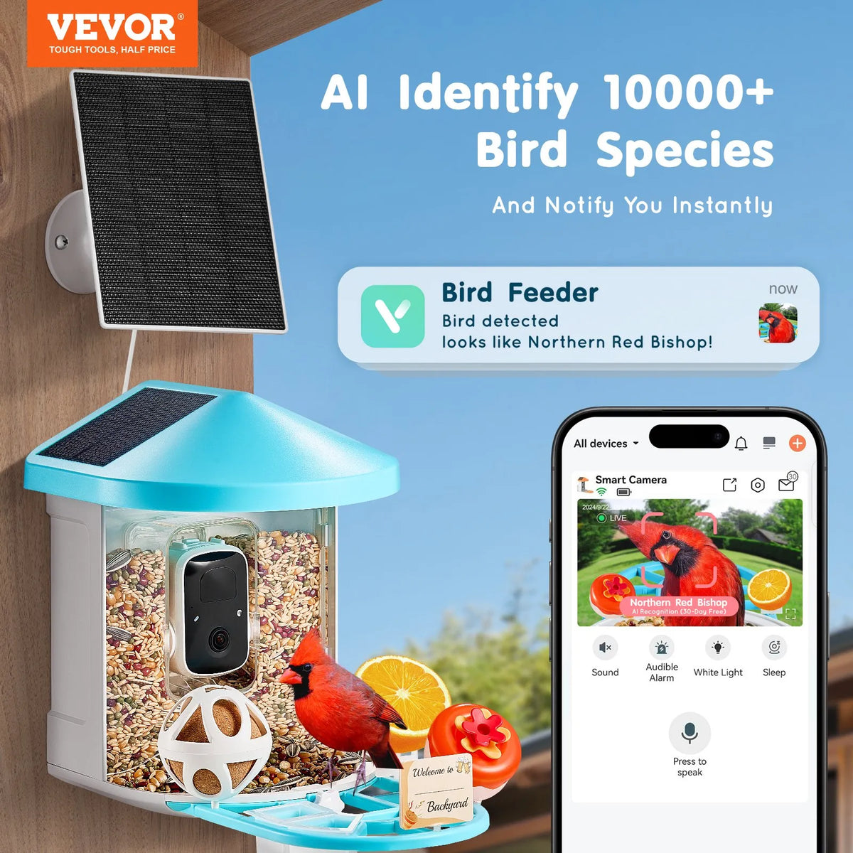 VEVOR Smart Bird Feeder with 2K Camera, AI Species Recognition and 3 Solar Panels
