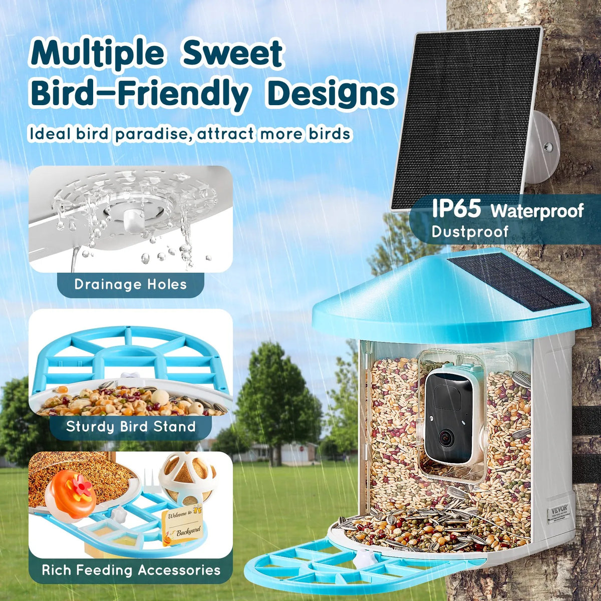 VEVOR Smart Bird Feeder with 2K Camera, AI Species Recognition and 3 Solar Panels